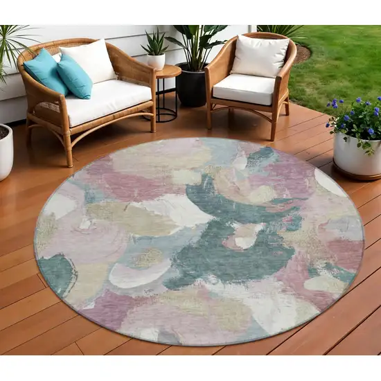 8' Mauve Beige And Sage Round Abstract Washable Indoor Outdoor Area Rug Photo 2
