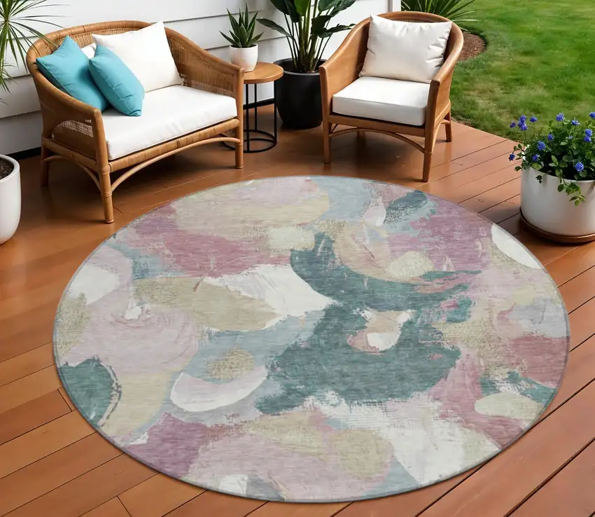 8' Mauve Beige And Sage Round Abstract Washable Indoor Outdoor Area Rug Photo 2