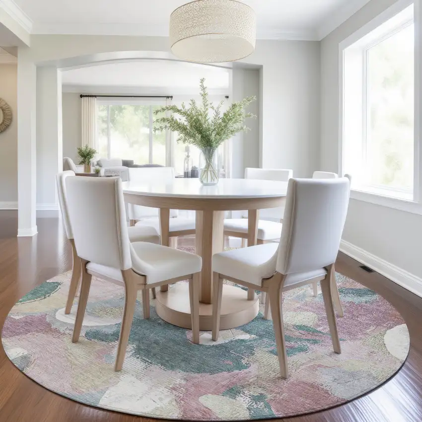 8' Mauve Beige And Sage Round Abstract Washable Indoor Outdoor Area Rug Photo 6