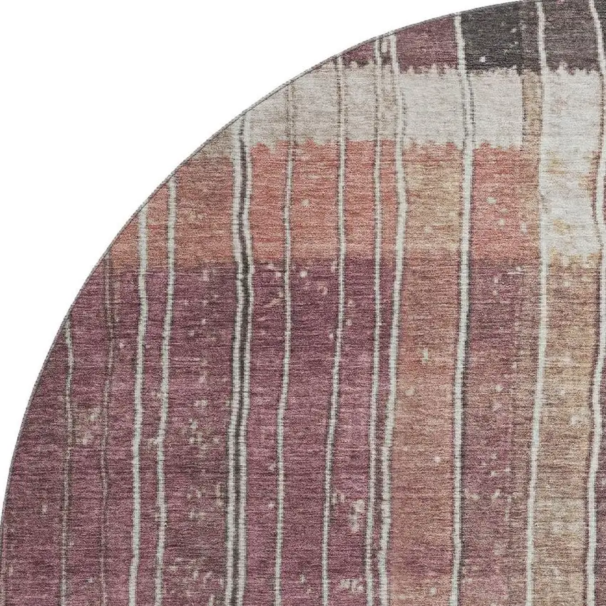 8' Mauve Blue And Beige Striped Washable Round Rug With UV Protection Photo 4