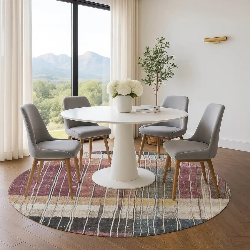 8' Mauve Blue And Beige Striped Washable Round Rug With UV Protection Photo 5