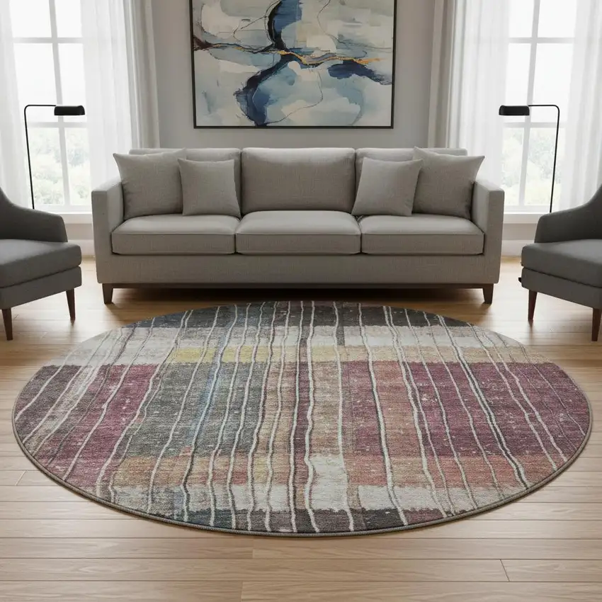 8' Mauve Blue And Beige Striped Washable Round Rug With UV Protection Photo 2