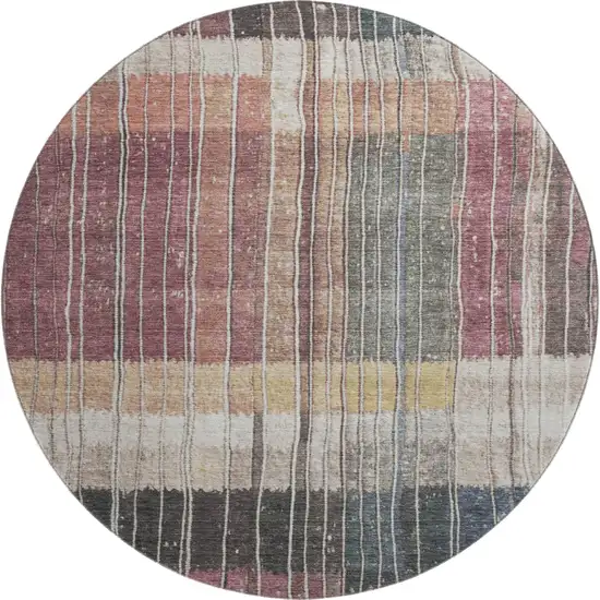 8' Mauve Blue And Beige Striped Washable Round Rug With UV Protection Photo 1