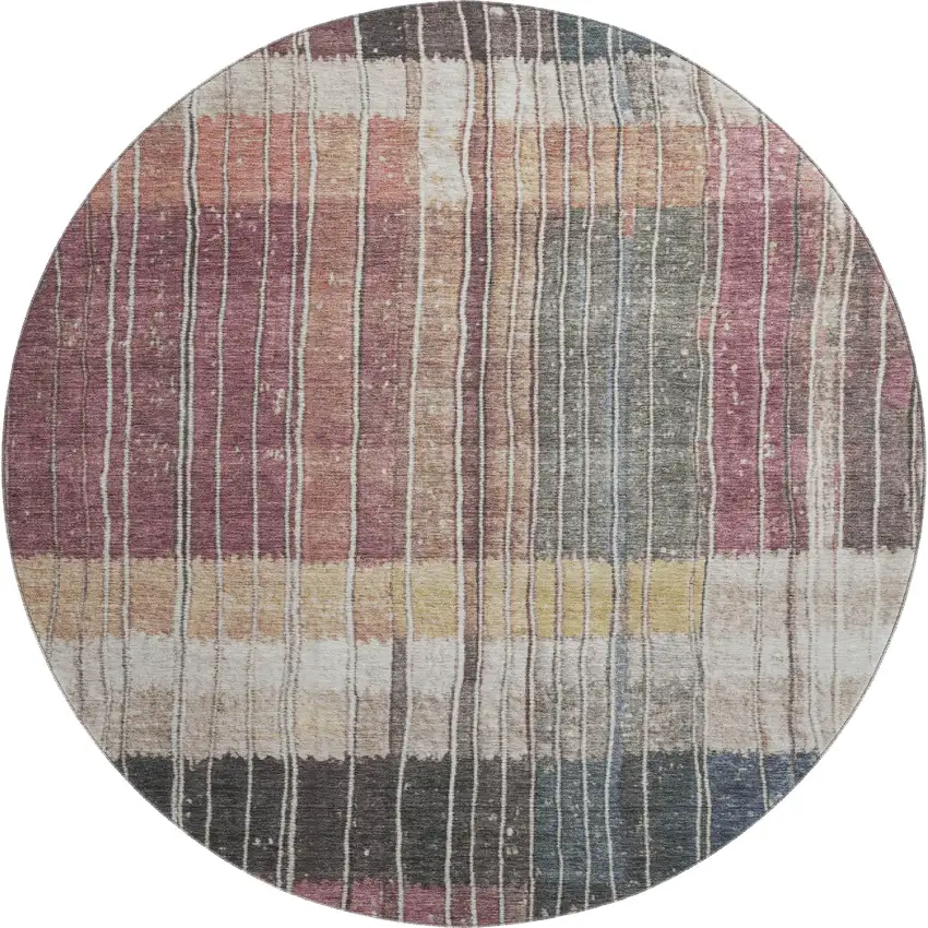 8' Mauve Blue And Beige Striped Washable Round Rug With UV Protection Photo 1