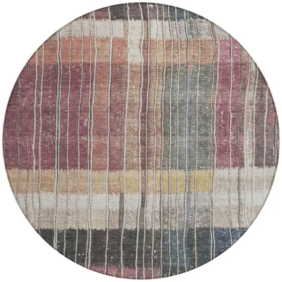 8' Mauve Blue And Gold Round Striped Washable Indoor Outdoor Area Rug Photo 3