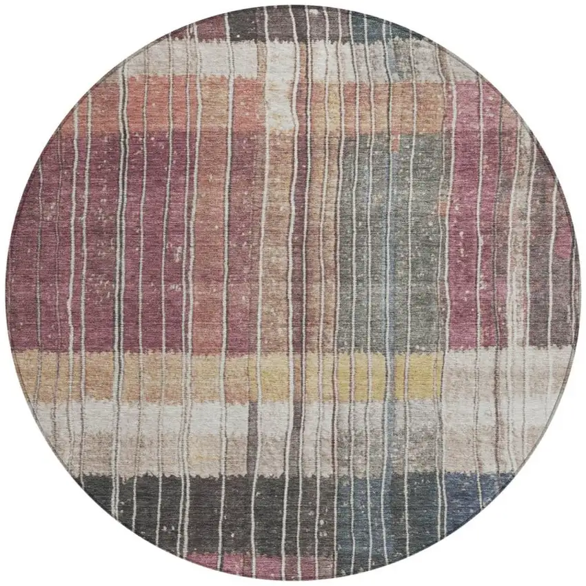 8' Mauve Blue And Gold Round Striped Washable Indoor Outdoor Area Rug Photo 3