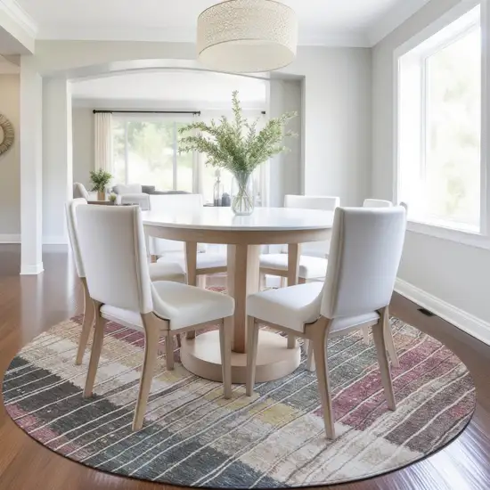 8' Mauve Blue And Gold Round Striped Washable Indoor Outdoor Area Rug Photo 6