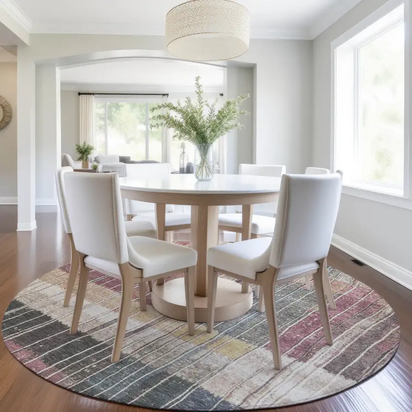 8' Mauve Blue And Gold Round Striped Washable Indoor Outdoor Area Rug Photo 6