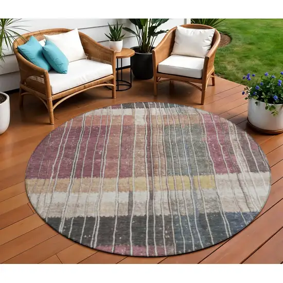 8' Mauve Blue And Gold Round Striped Washable Indoor Outdoor Area Rug Photo 2