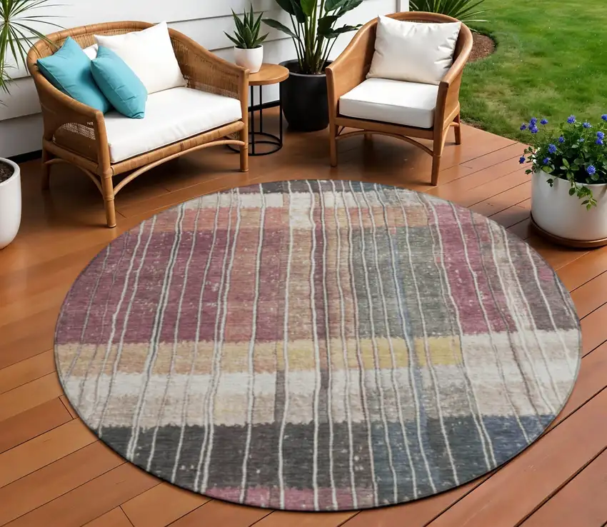 8' Mauve Blue And Gold Round Striped Washable Indoor Outdoor Area Rug Photo 2