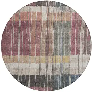 Photo of 8' Mauve Blue And Gold Round Striped Washable Indoor Outdoor Area Rug