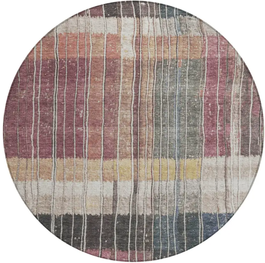 8' Mauve Blue And Gold Round Striped Washable Indoor Outdoor Area Rug Photo 1