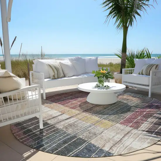 8' Mauve Blue And Gold Round Striped Washable Indoor Outdoor Area Rug Photo 5