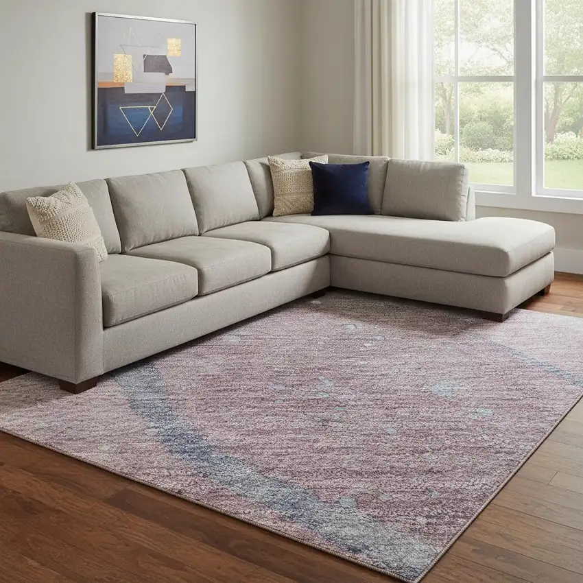 8' Mauve Blue And Ivory Abstract Washable Area Rug With UV Protection Photo 2