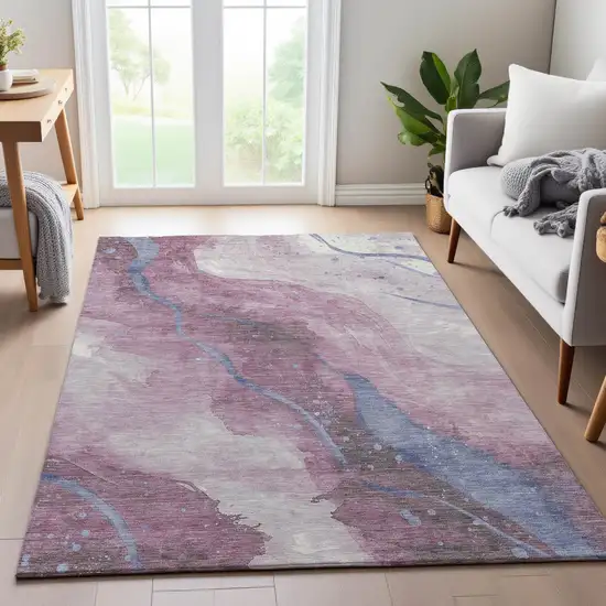 8' Mauve Blue And Ivory Abstract Washable Area Rug With UV Protection Photo 5