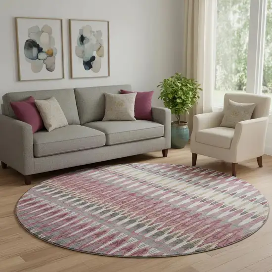 8' Mauve Blush And Ivory Southwestern Washable Round Rug With UV Protection Photo 1