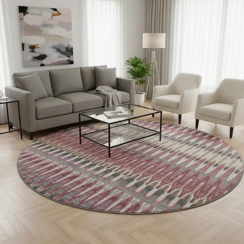 8' Mauve Blush And Ivory Southwestern Washable Round Rug With UV Protection Photo 2