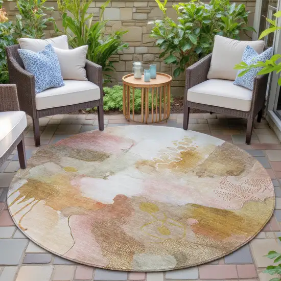 8' Mauve Copper And Ivory Round Abstract Washable Indoor Outdoor Area Rug Photo 6