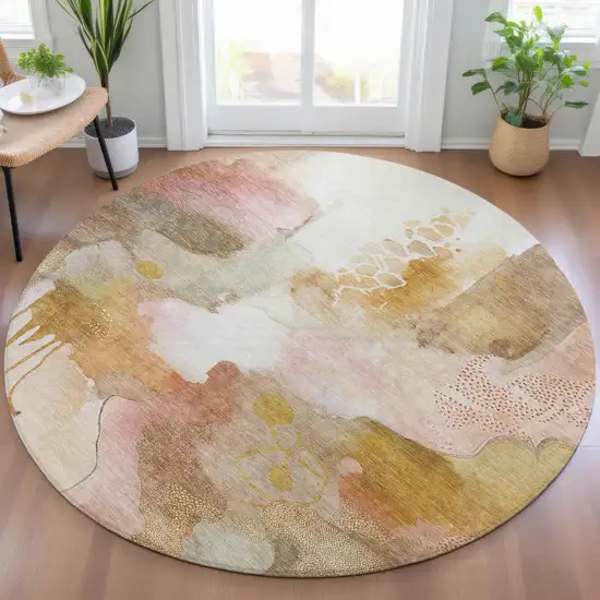 8' Mauve Copper And Ivory Round Abstract Washable Indoor Outdoor Area Rug Photo 7