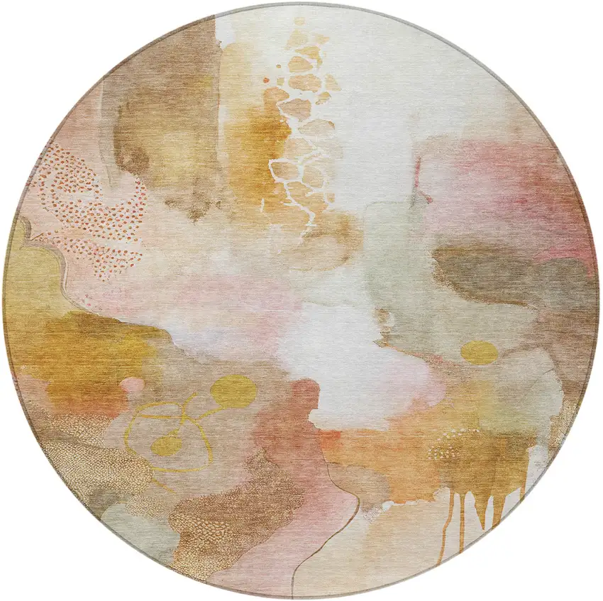 8' Mauve Copper And Ivory Round Abstract Washable Indoor Outdoor Area Rug Photo 3