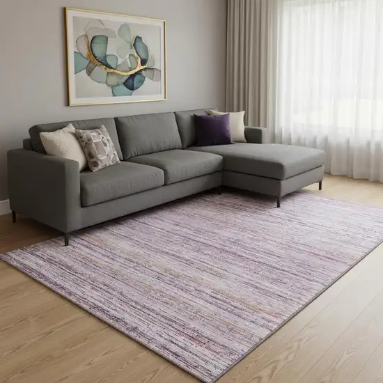 8' Mauve Lavender And Ivory Striped Washable Area Rug With UV Protection Photo 2