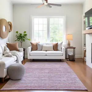 Photo of 8' Mauve Lavender And Ivory Striped Washable Area Rug With UV Protection