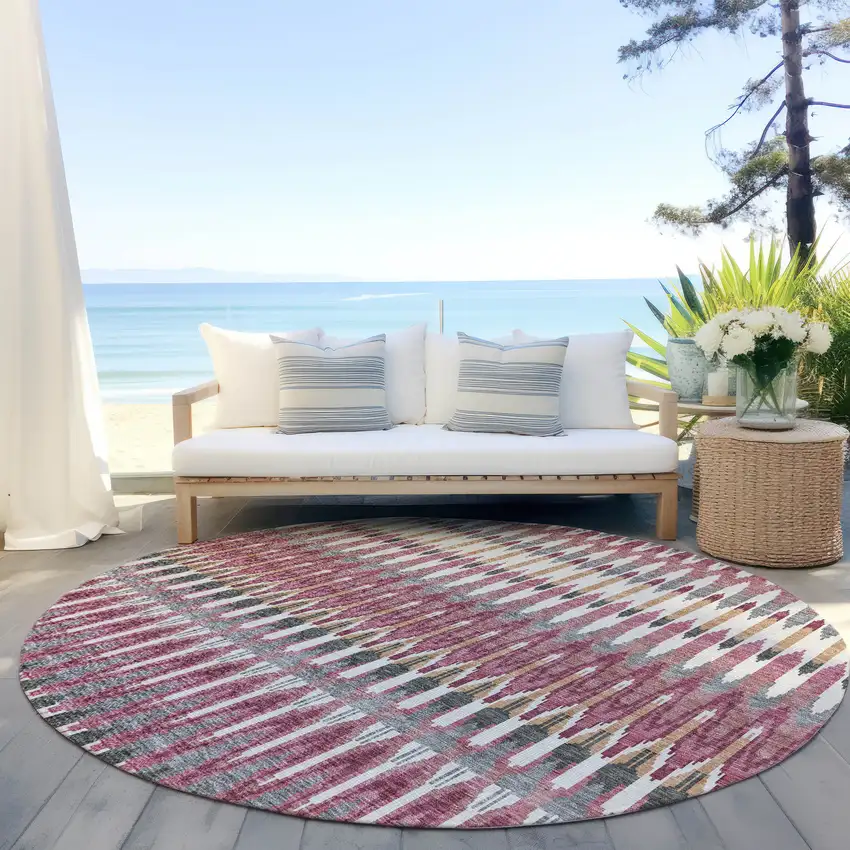 8' Mauve Merlot And Ivory Round Southwestern Washable Indoor Outdoor Area Rug Photo 7