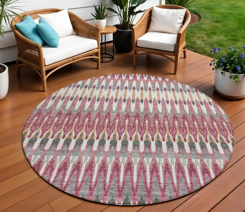 8' Mauve Merlot And Ivory Round Southwestern Washable Indoor Outdoor Area Rug Photo 1