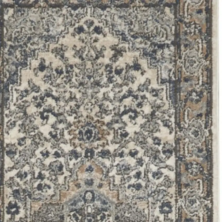 10' Gray and Ivory Medallion Power Loom Runner Rug Photo 4