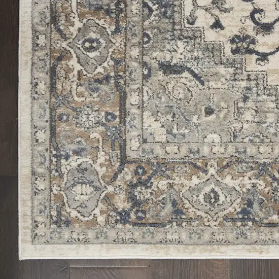 10' Gray and Ivory Medallion Power Loom Runner Rug Photo 8