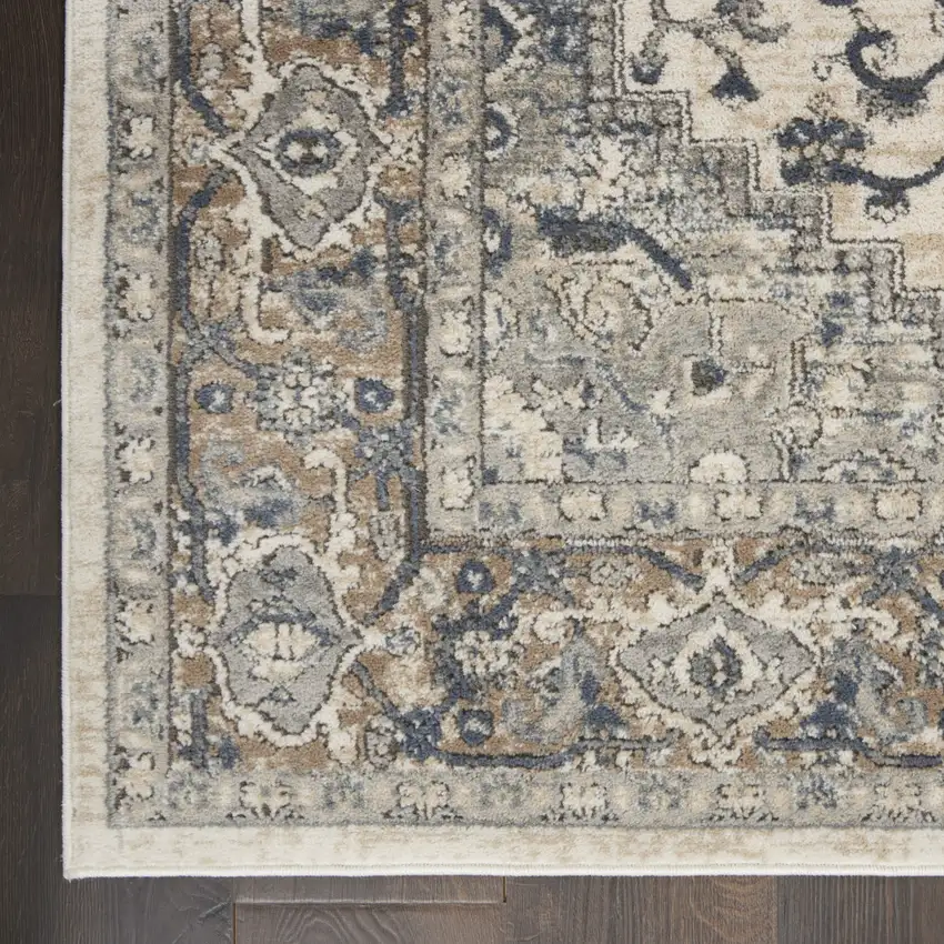 10' Gray and Ivory Medallion Power Loom Runner Rug Photo 8