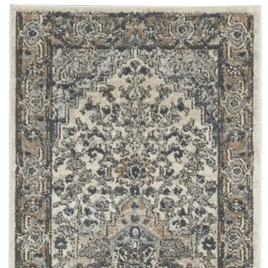 10' Gray and Ivory Medallion Power Loom Runner Rug Photo 1