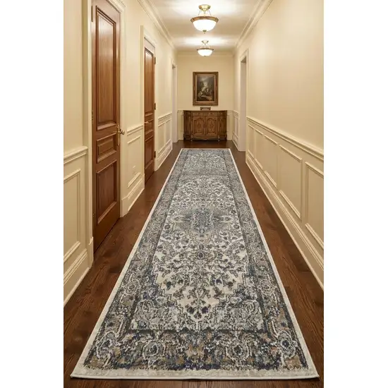 10' Gray and Ivory Medallion Power Loom Runner Rug Photo 1