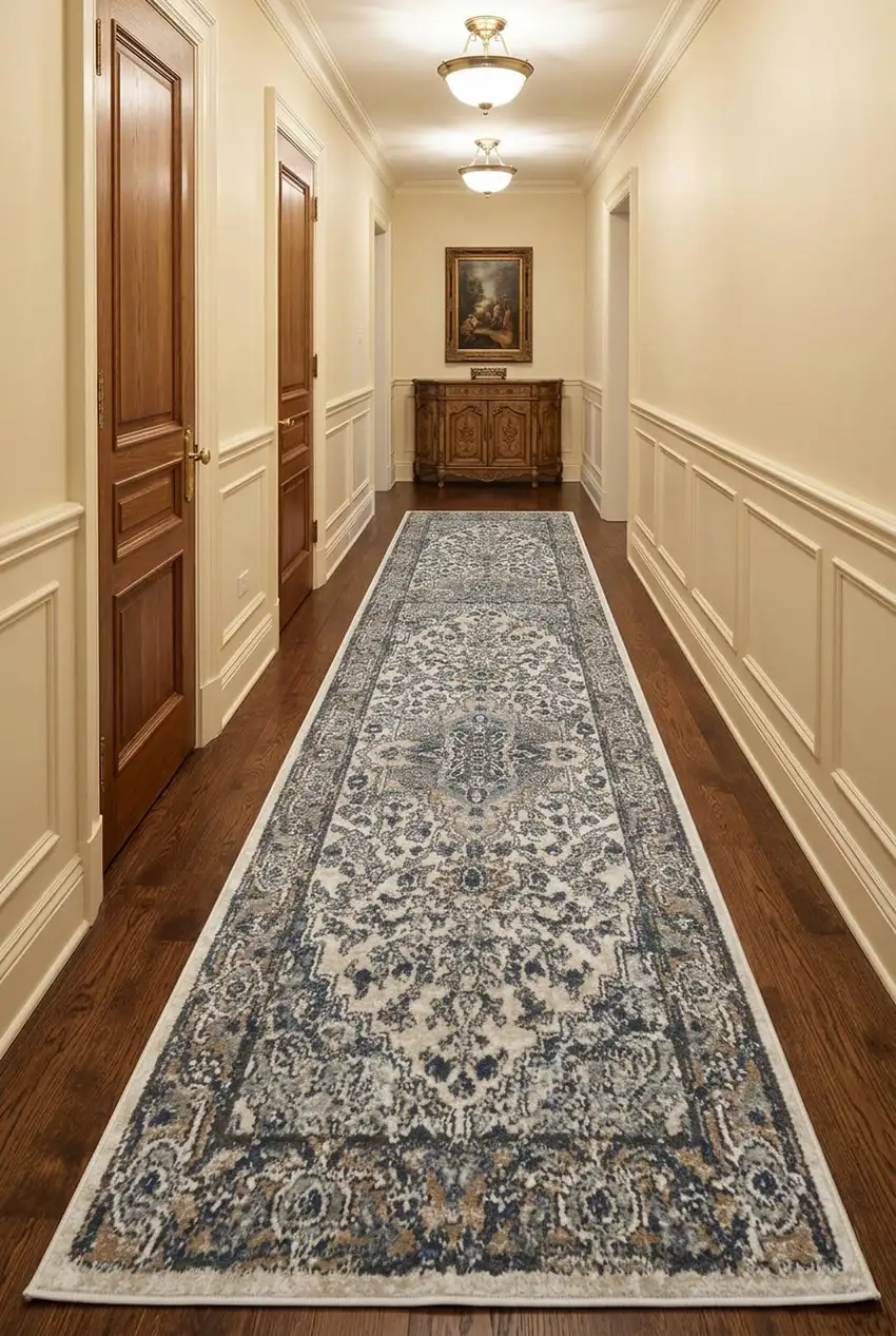 10' Gray and Ivory Medallion Power Loom Runner Rug Photo 1