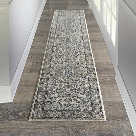 10' Gray and Ivory Medallion Power Loom Runner Rug Photo 5