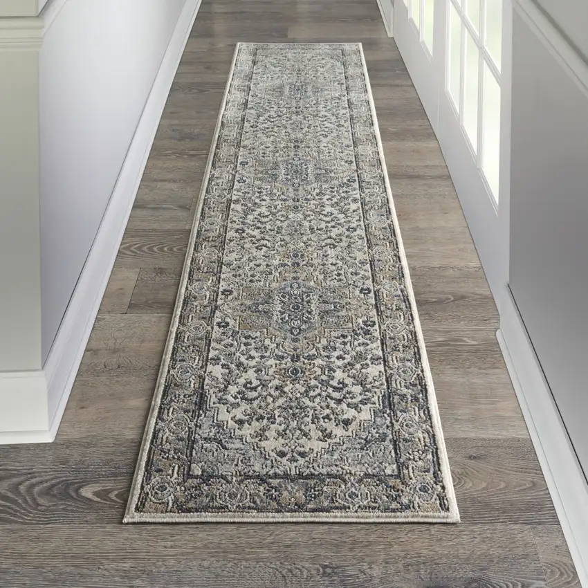 10' Gray and Ivory Medallion Power Loom Runner Rug Photo 5