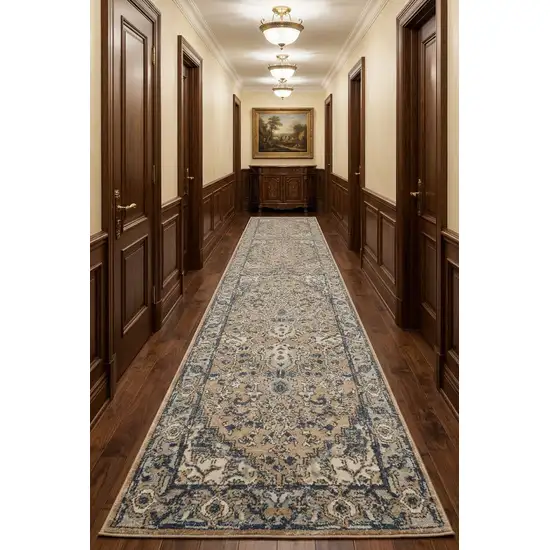 10' Gray and Ivory Medallion Power Loom Runner Rug Photo 1