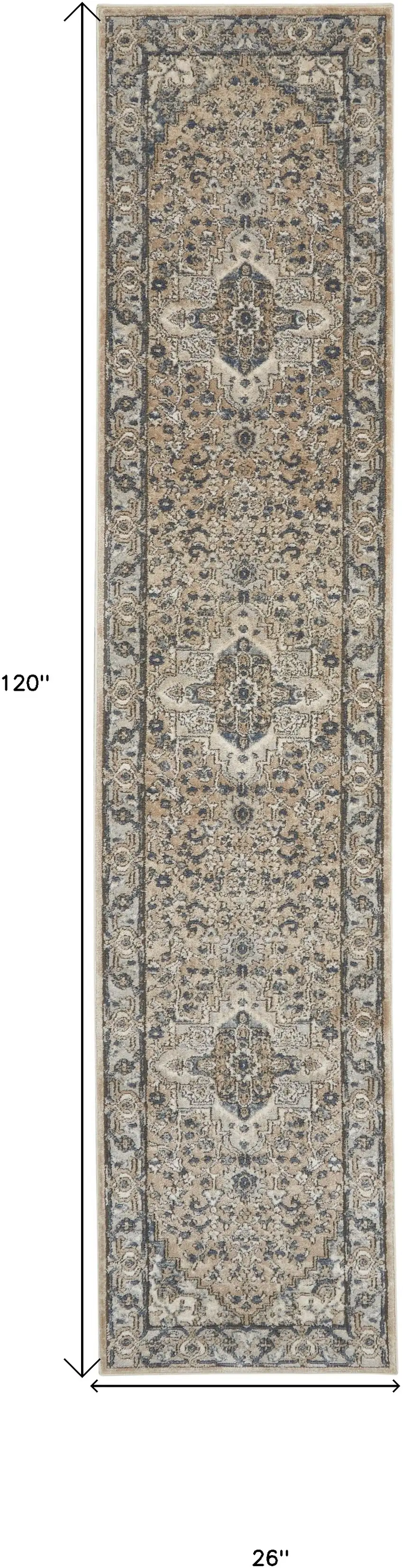 10' Gray and Ivory Medallion Power Loom Runner Rug Photo 3
