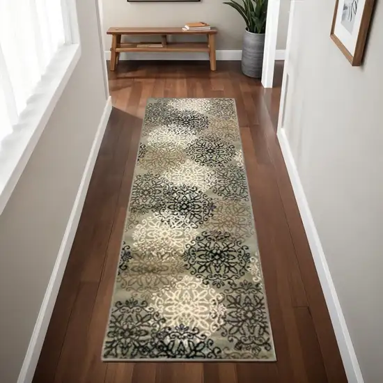 8' Brown Black And Gray Medallion Runner Rug Photo 1