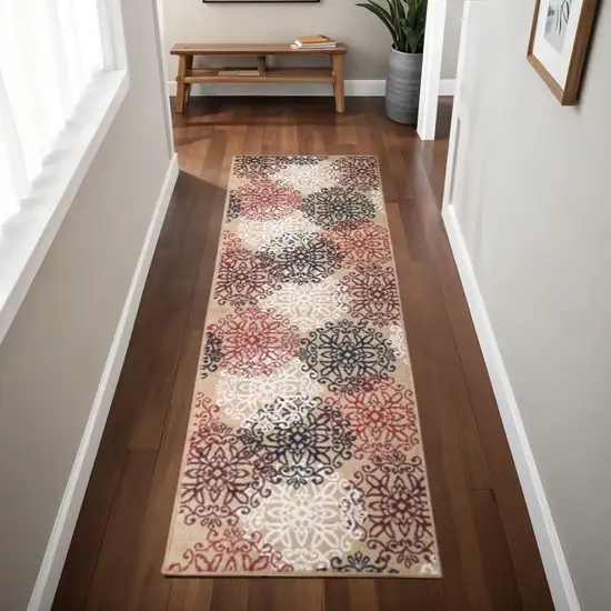 8' Gray And Ivory Medallion Runner Rug Photo 1