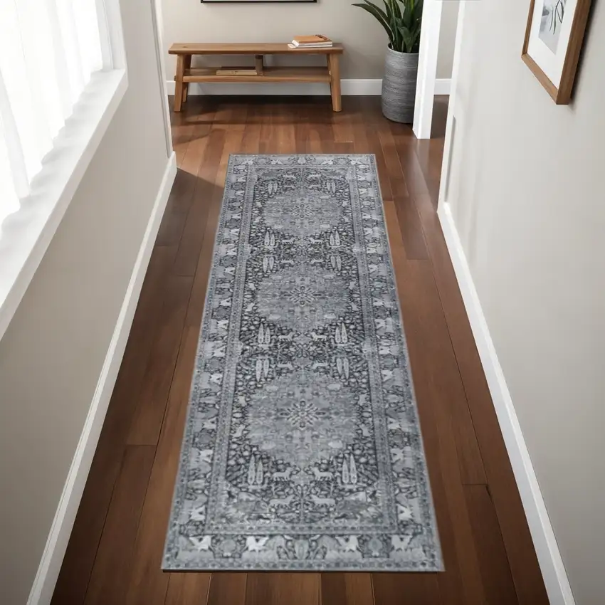 8' Charcoal And Gray Medallion Runner Rug Photo 1