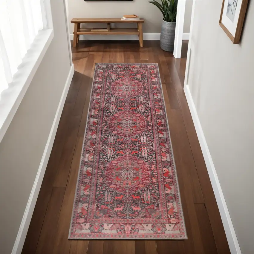 8' Red And Black Medallion Runner Rug Photo 1