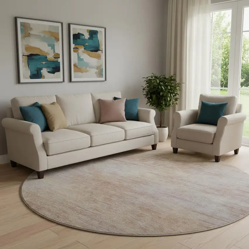 8' Merlot And Beige Abstract Washable Round Rug With UV Protection Photo 1