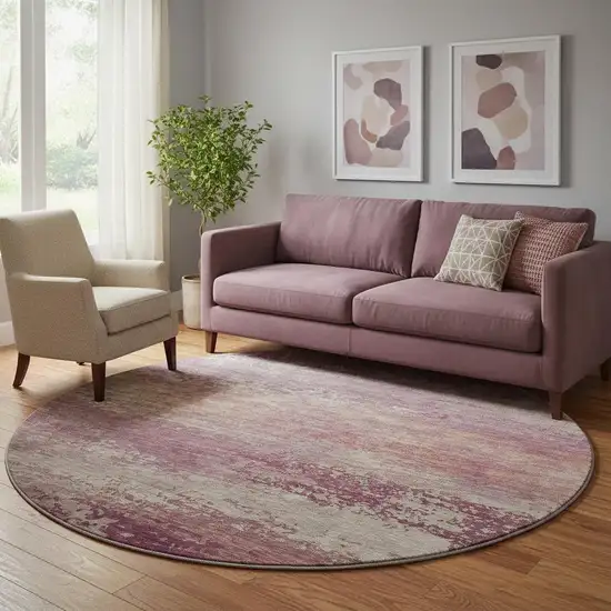 8' Merlot And Beige Abstract Washable Round Rug With UV Protection Photo 2