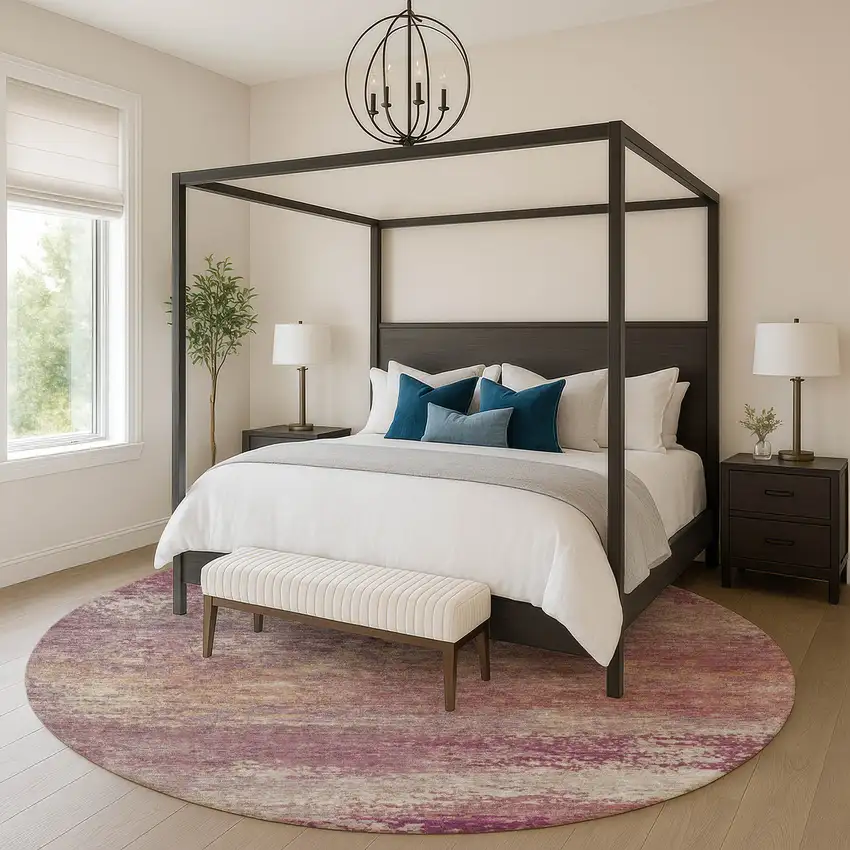 8' Merlot And Beige Abstract Washable Round Rug With UV Protection Photo 5