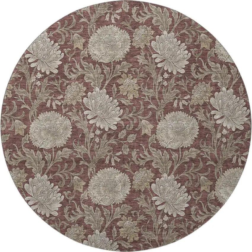 8' Merlot And Beige Floral Washable Round Rug With UV Protection Photo 3