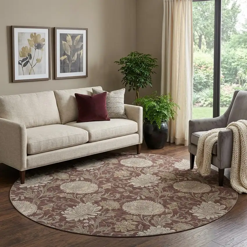 8' Merlot And Beige Floral Washable Round Rug With UV Protection Photo 1