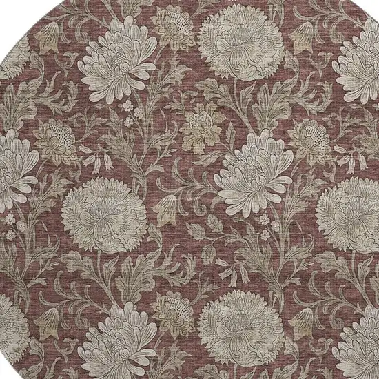 8' Merlot And Beige Floral Washable Round Rug With UV Protection Photo 4