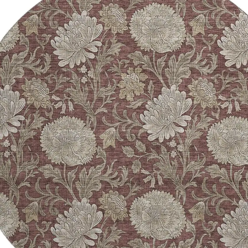 8' Merlot And Beige Floral Washable Round Rug With UV Protection Photo 4