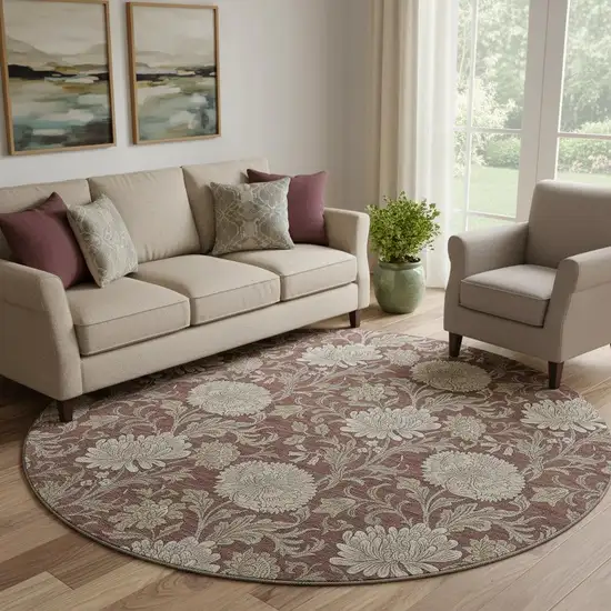 8' Merlot And Beige Floral Washable Round Rug With UV Protection Photo 1